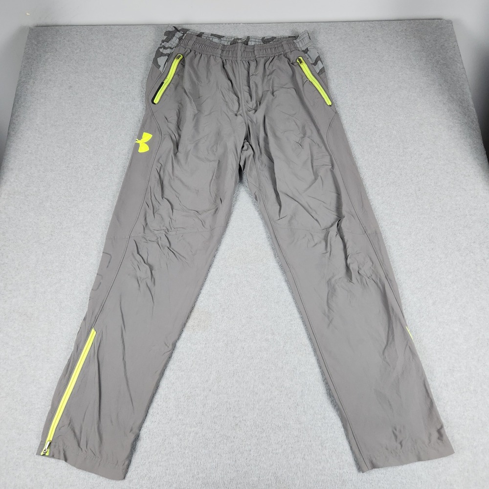 Under Armour Track Pants Mens XL Gray Camo Fitted Neon Zipper Pocket Athletic